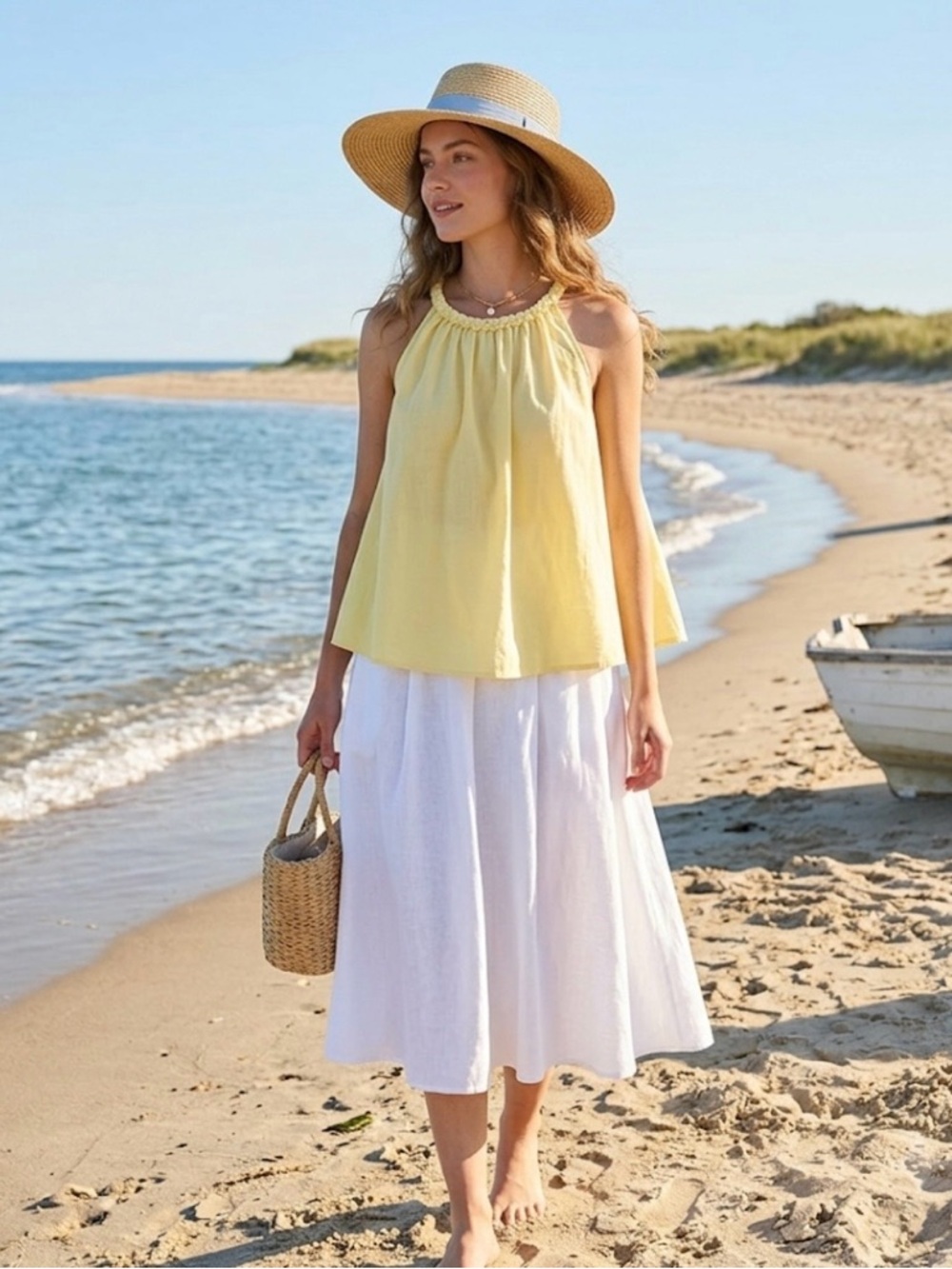 Bohemian Braided-Neck Halter Top – Soft Yellow